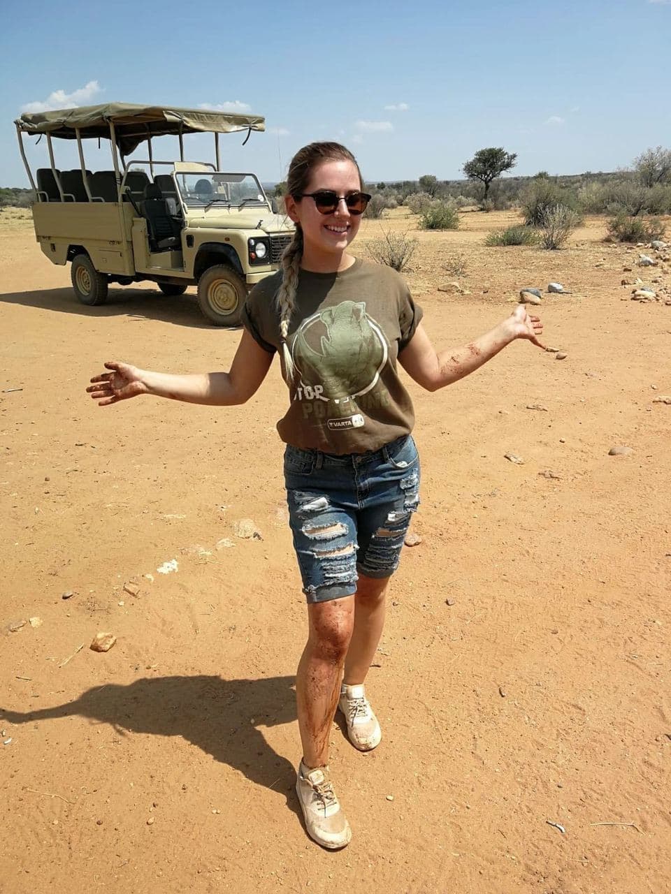 Sophie volunteering with rescued rhinos, baboons, cheetahs and the wider team at the N/a'an ku se Foundation reserve in Namibia, November 2018