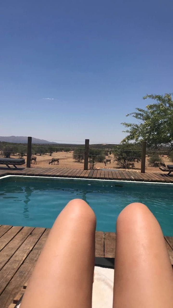 Sophie volunteering with rescued rhinos, baboons, cheetahs and the wider team at the N/a'an ku se Foundation reserve in Namibia, November 2018
